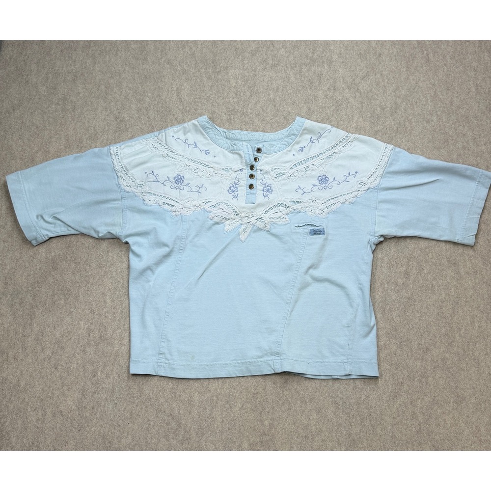 Together Clothing Lace Embroidered Top Women Medium Blue Cottagecore Vintage 90s
